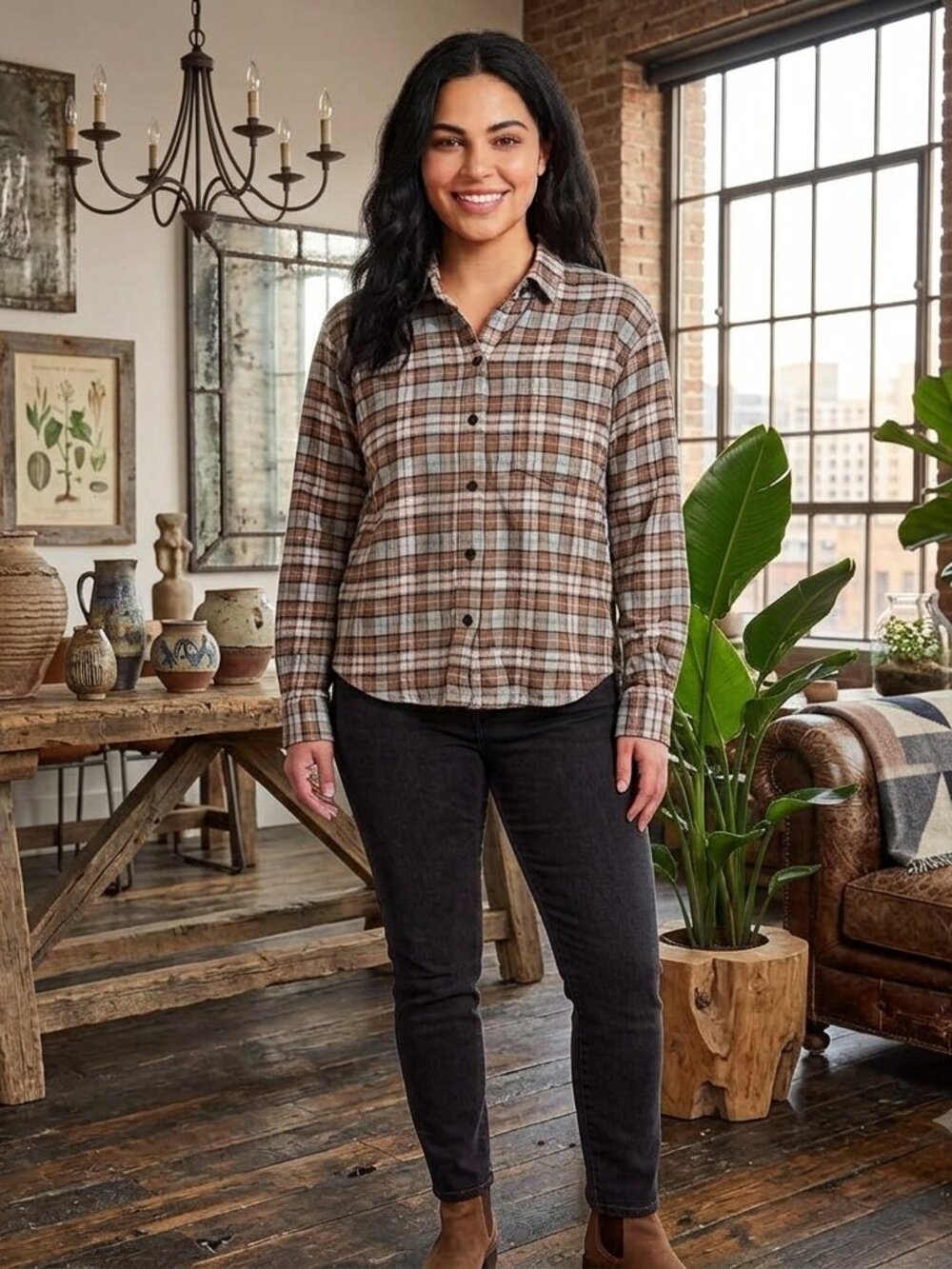 Alpine Design Womens XS Hike Midweight Flannel Shirt Brown Fall River Plaid NWT